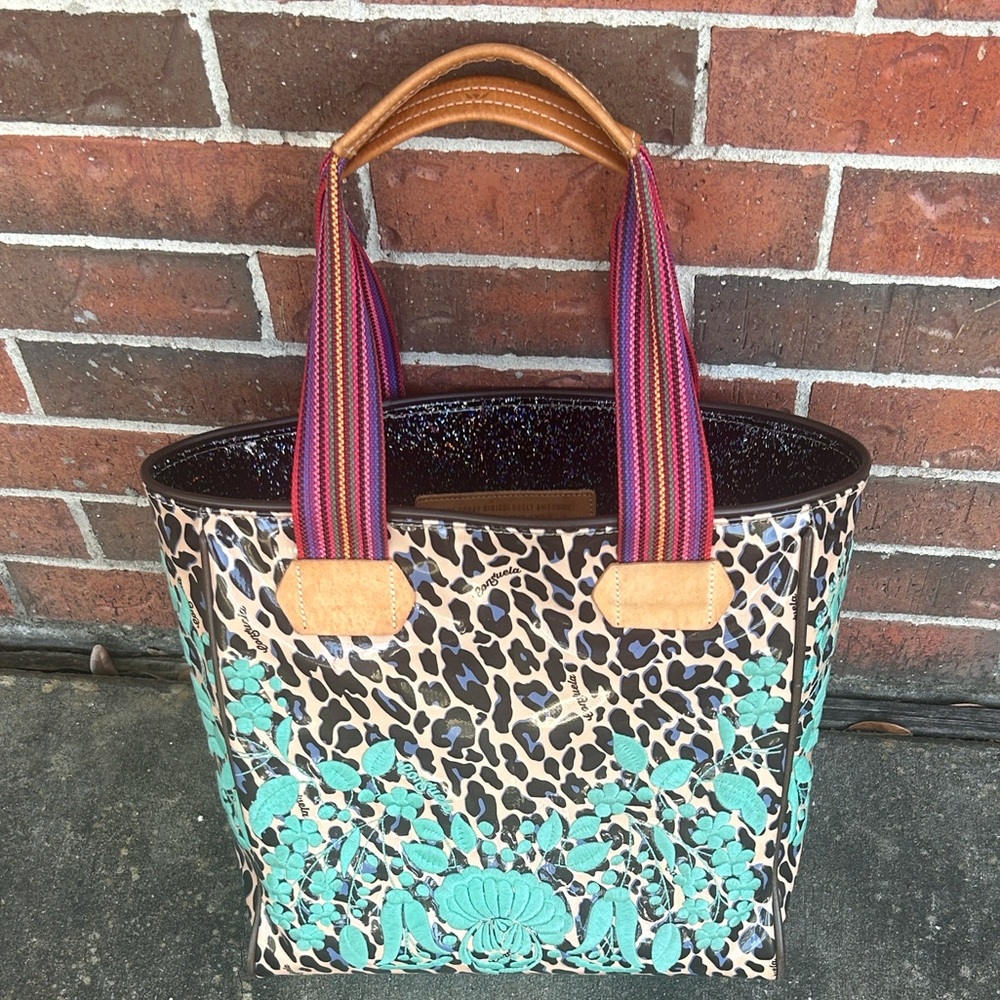 Consuela Bettie Large Leopard Print Tote with Turquoise Embroidery